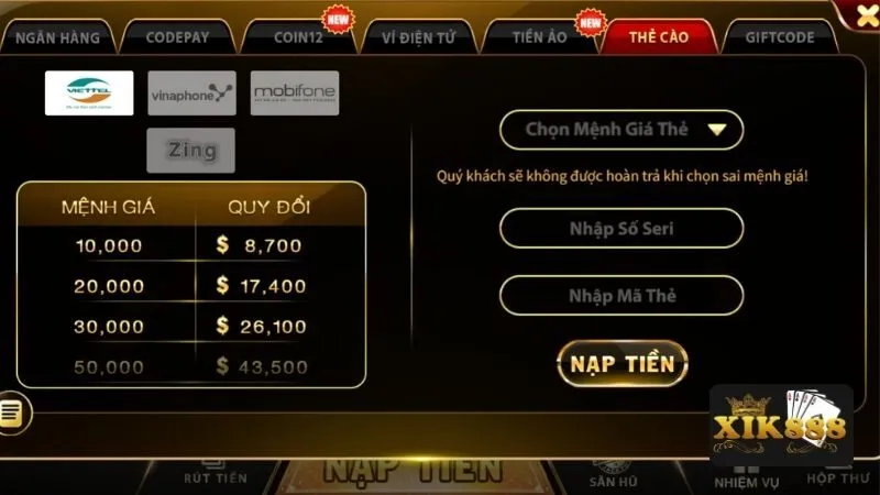 Hướng dẫn nạp tiền Xik888 thông qua thẻ cào điện thoại