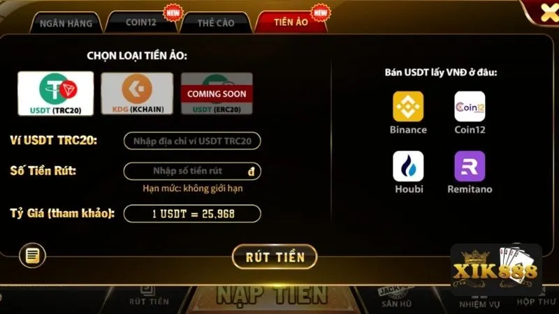 Các bước rút tiền Xik888 thông qua tiền điện tử